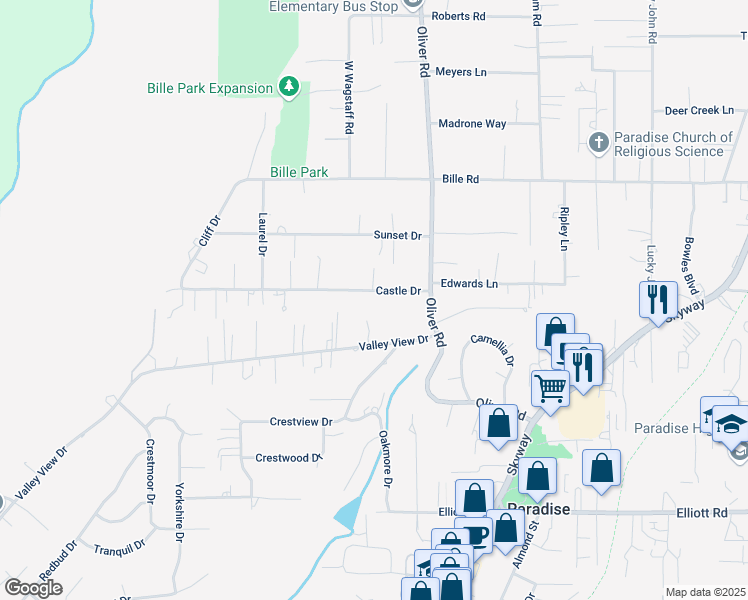 map of restaurants, bars, coffee shops, grocery stores, and more near 572 Castle Drive in Paradise