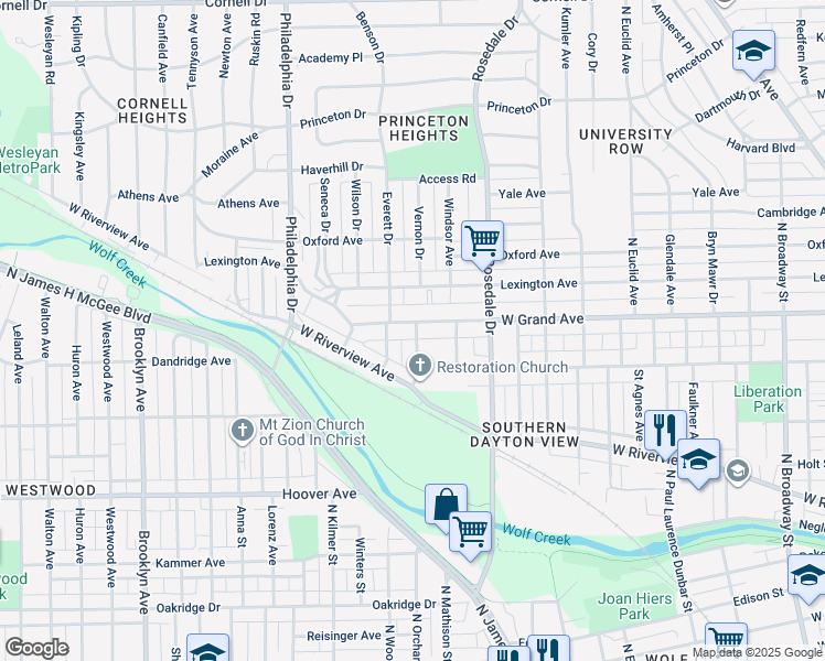 map of restaurants, bars, coffee shops, grocery stores, and more near 1942 West Grand Avenue in Dayton