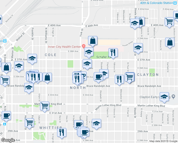 map of restaurants, bars, coffee shops, grocery stores, and more near 3520 Josephine Street in Denver
