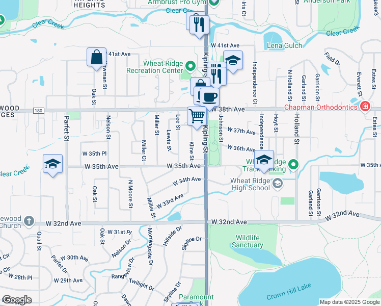 map of restaurants, bars, coffee shops, grocery stores, and more near 3555 Kline Street in Wheat Ridge