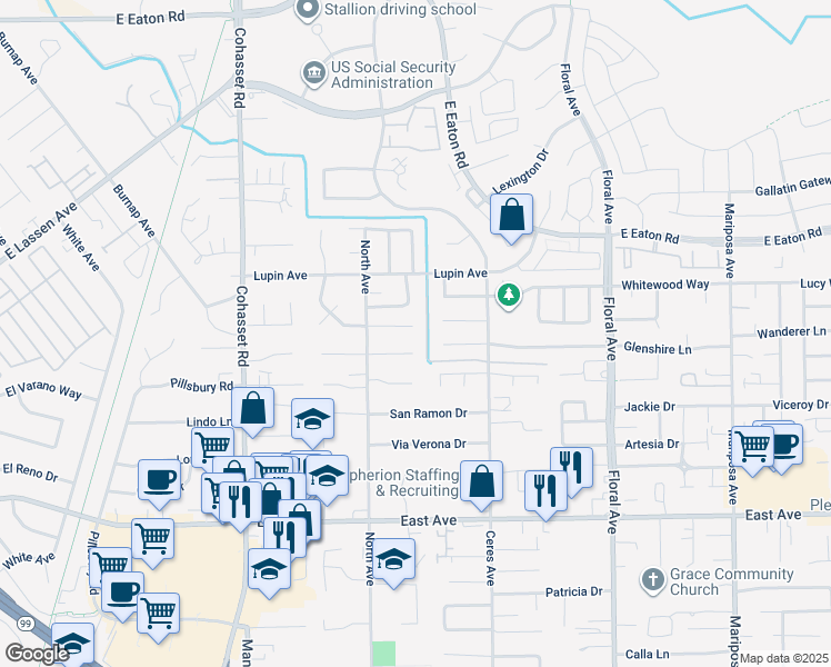 map of restaurants, bars, coffee shops, grocery stores, and more near 7 San Pablo Court in Chico