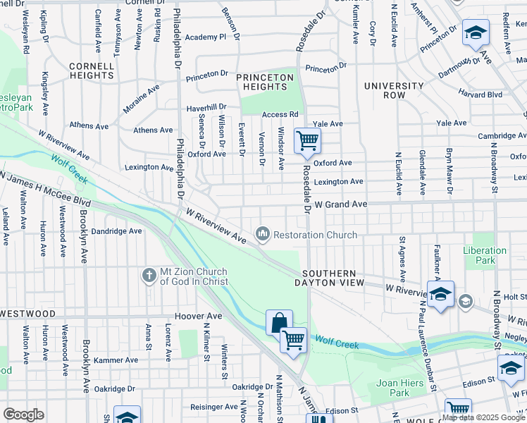 map of restaurants, bars, coffee shops, grocery stores, and more near 1938 West Grand Avenue in Dayton