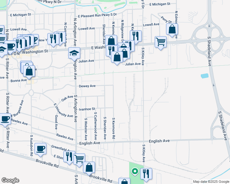 map of restaurants, bars, coffee shops, grocery stores, and more near 251 South Kenmore Road in Indianapolis