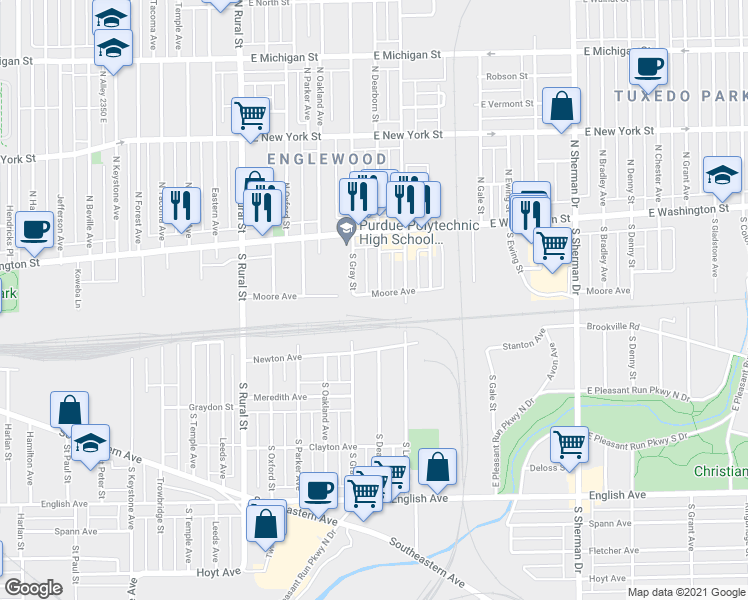 map of restaurants, bars, coffee shops, grocery stores, and more near 70 South Gray Street in Indianapolis