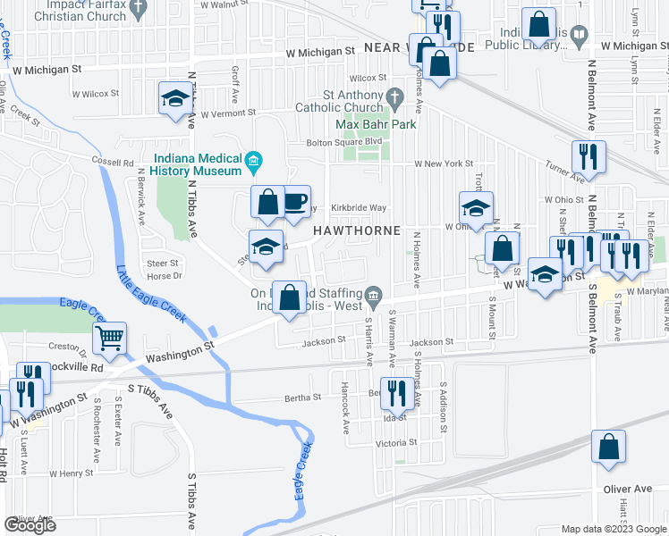 map of restaurants, bars, coffee shops, grocery stores, and more near 2945 Campanile Drive in Indianapolis
