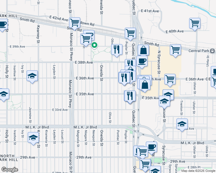 map of restaurants, bars, coffee shops, grocery stores, and more near 3546 Olive Street in Denver