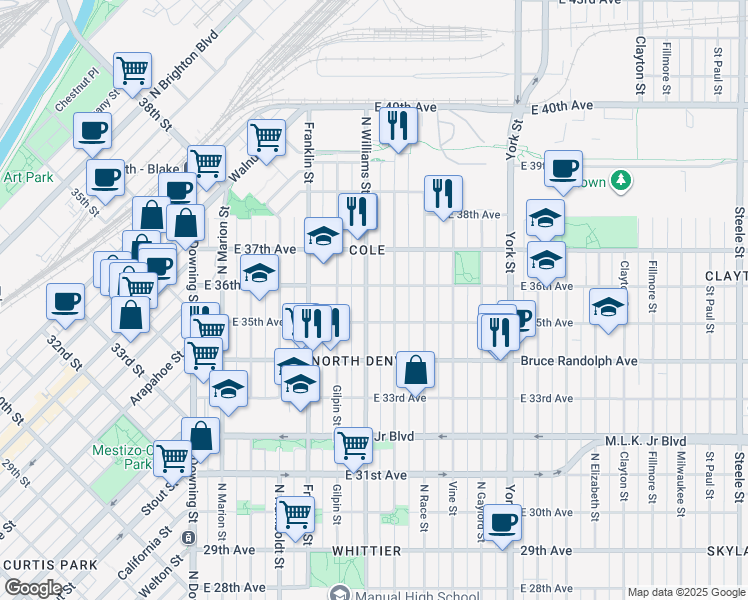 map of restaurants, bars, coffee shops, grocery stores, and more near 3536 North Williams Street in Denver