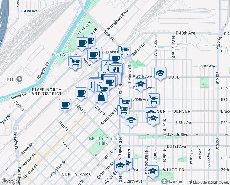 map of restaurants, bars, coffee shops, grocery stores, and more near 1220 35th Street in Denver