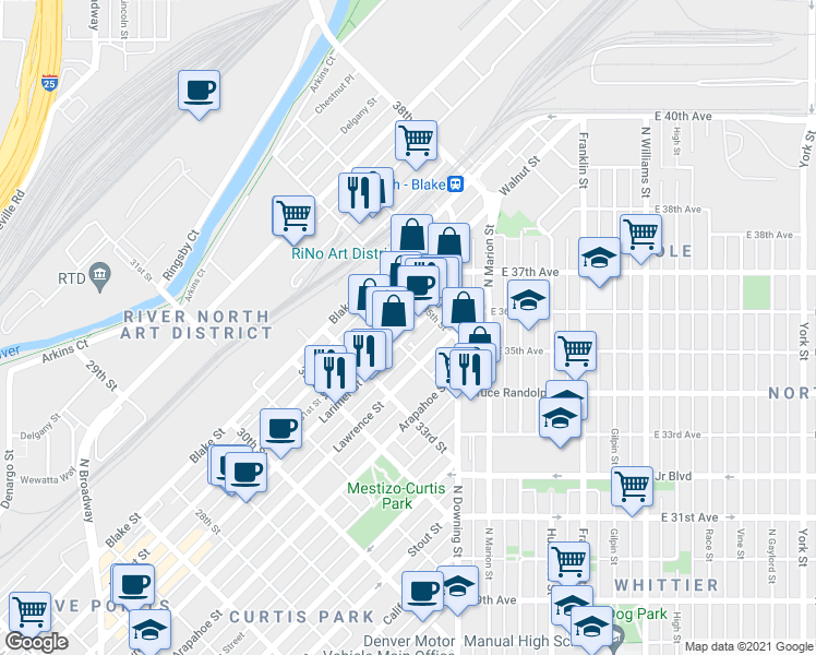 map of restaurants, bars, coffee shops, grocery stores, and more near in Denver