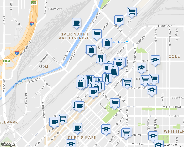 map of restaurants, bars, coffee shops, grocery stores, and more near 3295 Blake Street in Denver