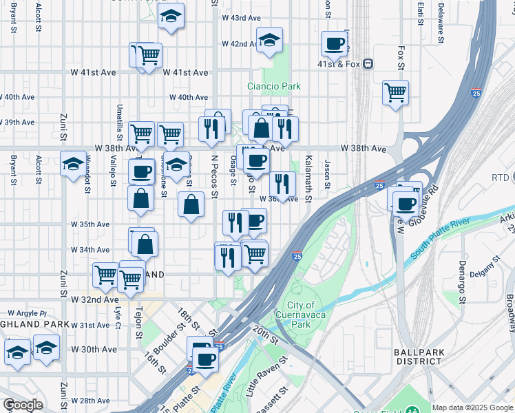 map of restaurants, bars, coffee shops, grocery stores, and more near in Denver