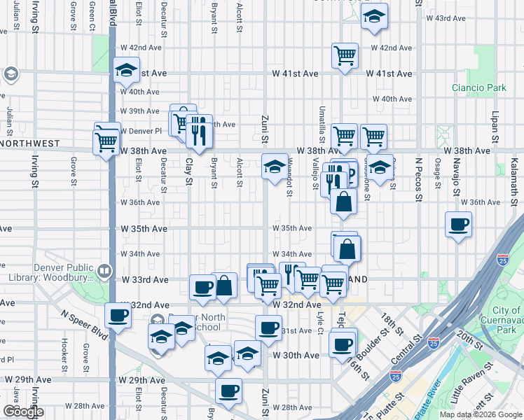 map of restaurants, bars, coffee shops, grocery stores, and more near 3541 Zuni Street in Denver