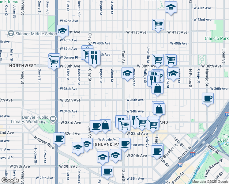 map of restaurants, bars, coffee shops, grocery stores, and more near 3541 Zuni Street in Denver