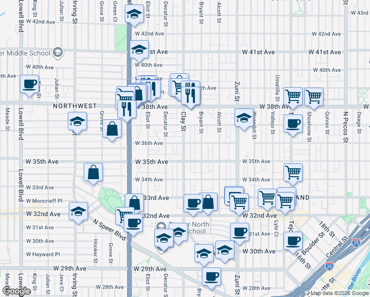 map of restaurants, bars, coffee shops, grocery stores, and more near in Denver