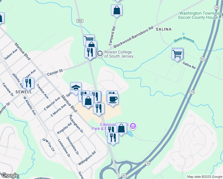 map of restaurants, bars, coffee shops, grocery stores, and more near 48 Arbour Lane in Gloucester County