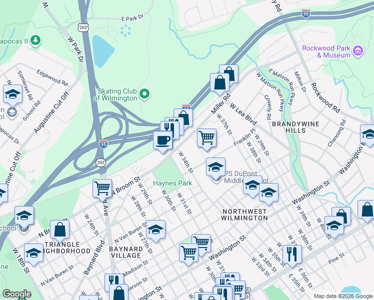 map of restaurants, bars, coffee shops, grocery stores, and more near 903 Western Avenue in Wilmington