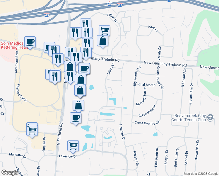 map of restaurants, bars, coffee shops, grocery stores, and more near 2650 Netherland Drive in Beavercreek
