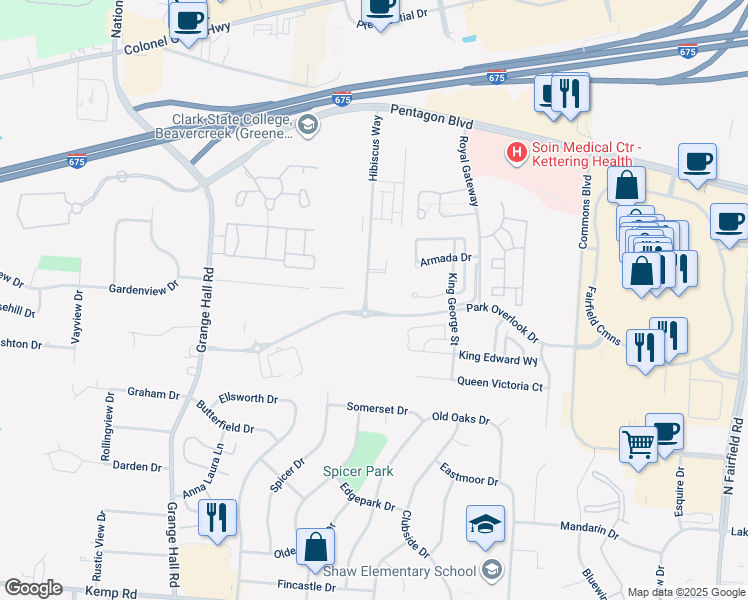 map of restaurants, bars, coffee shops, grocery stores, and more near Hibiscus Way in Beavercreek