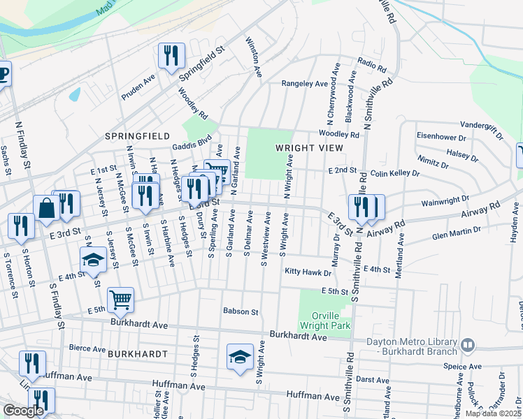 map of restaurants, bars, coffee shops, grocery stores, and more near 3712 East 3rd Street in Dayton