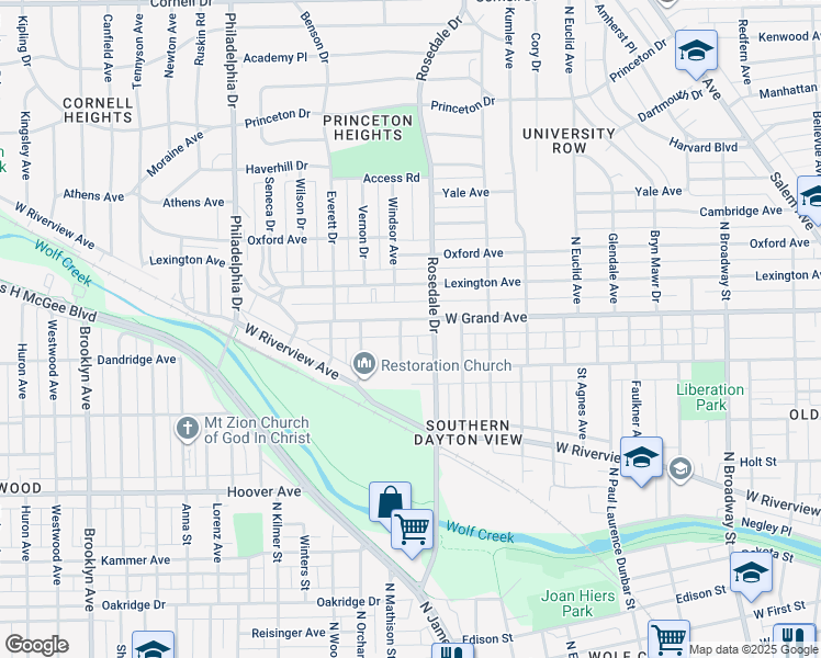 map of restaurants, bars, coffee shops, grocery stores, and more near 1904 West Grand Avenue in Dayton