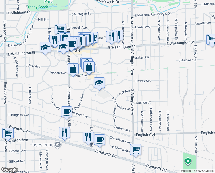 map of restaurants, bars, coffee shops, grocery stores, and more near 5810 Dewey Avenue in Indianapolis
