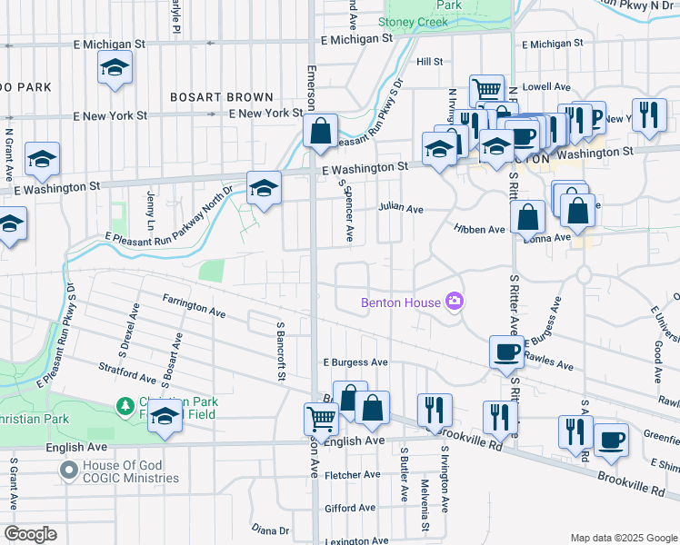 map of restaurants, bars, coffee shops, grocery stores, and more near 5133 Atherton North Drive in Indianapolis