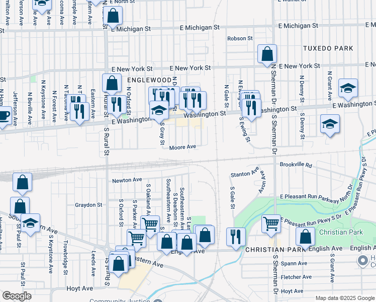map of restaurants, bars, coffee shops, grocery stores, and more near 3301 Moore Avenue in Indianapolis