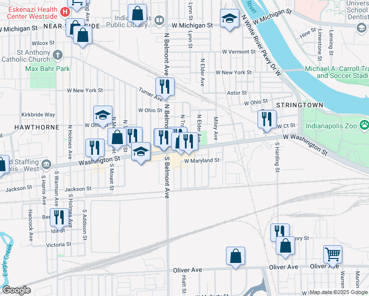 map of restaurants, bars, coffee shops, grocery stores, and more near 2014 West Washington Street in Indianapolis