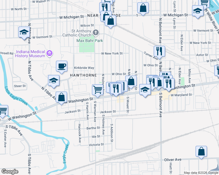 map of restaurants, bars, coffee shops, grocery stores, and more near 39 North Holmes Avenue in Indianapolis
