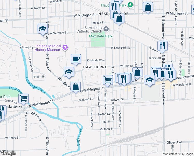 map of restaurants, bars, coffee shops, grocery stores, and more near 2910 Steeples Drive in Indianapolis