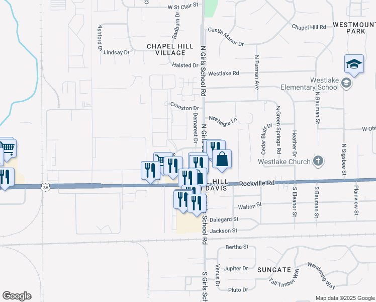 map of restaurants, bars, coffee shops, grocery stores, and more near 7335 Rockleigh Avenue in Indianapolis