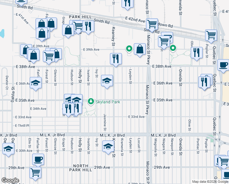 map of restaurants, bars, coffee shops, grocery stores, and more near 3540 Kearney Street in Denver