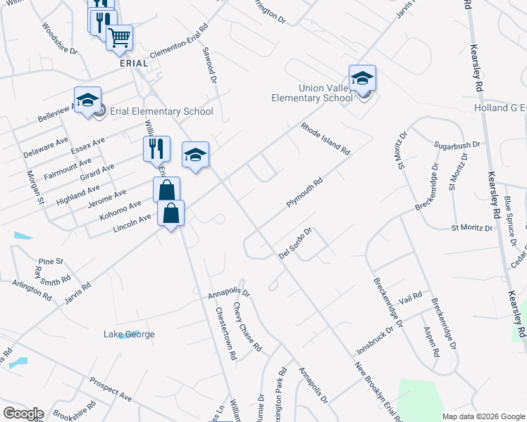 map of restaurants, bars, coffee shops, grocery stores, and more near 21 Plymouth Road in Sicklerville