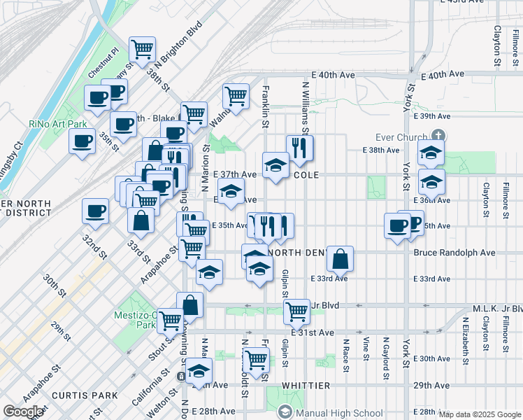 map of restaurants, bars, coffee shops, grocery stores, and more near 3541 Franklin Street in Denver