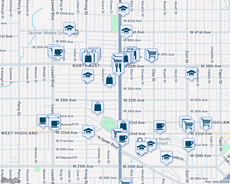 map of restaurants, bars, coffee shops, grocery stores, and more near West 36th Avenue in Denver
