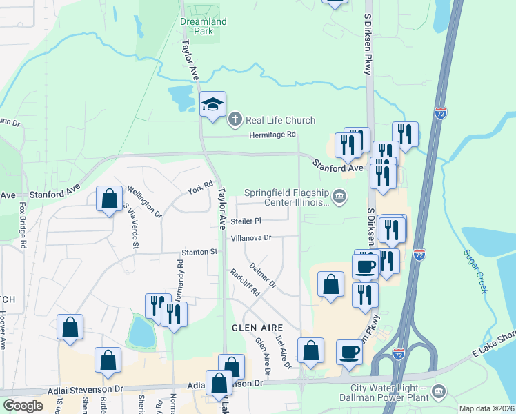 map of restaurants, bars, coffee shops, grocery stores, and more near 2620 Carl Prairie Drive in Springfield