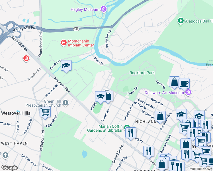 map of restaurants, bars, coffee shops, grocery stores, and more near 1903 Dorcas Lane in Wilmington