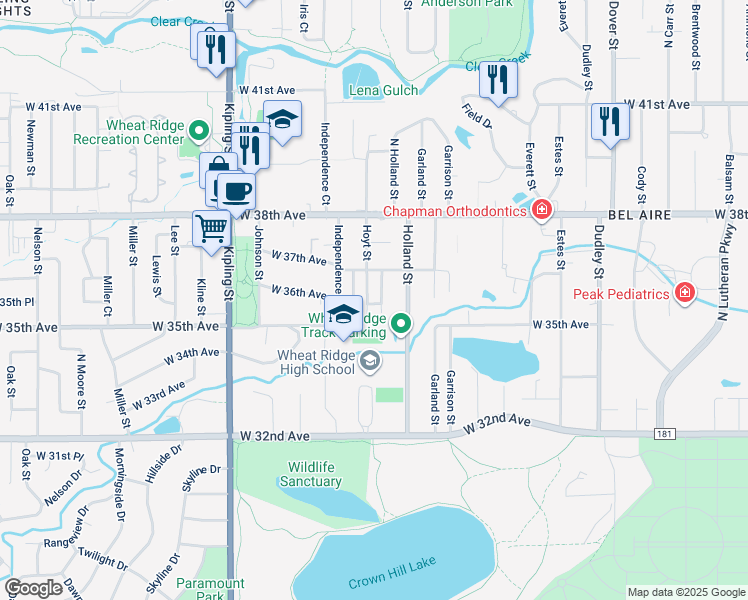 map of restaurants, bars, coffee shops, grocery stores, and more near 3635 Holland Court in Wheat Ridge