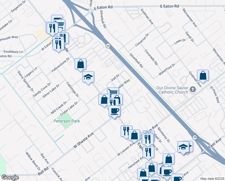 map of restaurants, bars, coffee shops, grocery stores, and more near 3056 Boulder Drive in Chico