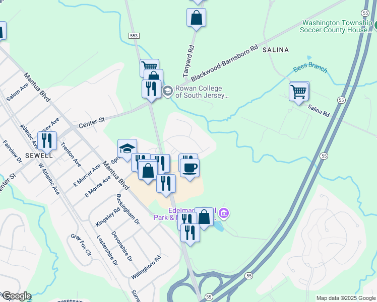 map of restaurants, bars, coffee shops, grocery stores, and more near 48 Arbour Lane in Gloucester County