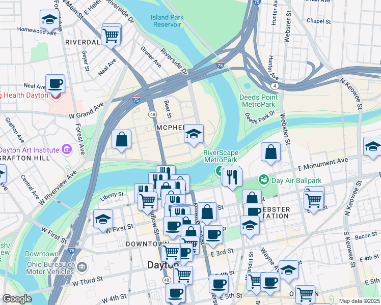 map of restaurants, bars, coffee shops, grocery stores, and more near Linwood St & Emmet St in Dayton