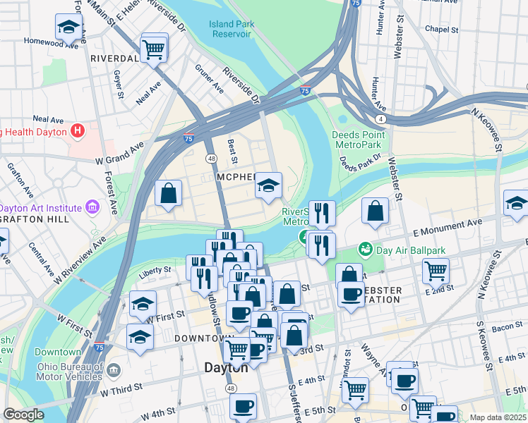 map of restaurants, bars, coffee shops, grocery stores, and more near Linwood St & Emmet St in Dayton