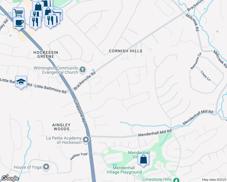 map of restaurants, bars, coffee shops, grocery stores, and more near 18A Harvest Lane in Hockessin