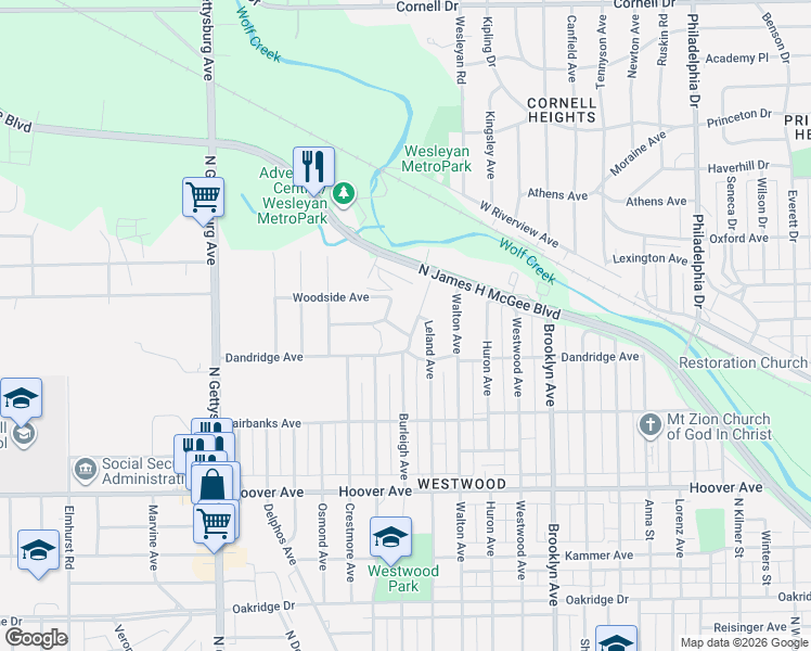 map of restaurants, bars, coffee shops, grocery stores, and more near 1023 Burleigh Avenue in Dayton