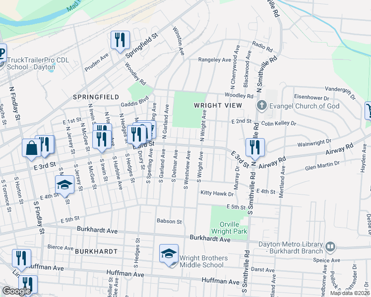 map of restaurants, bars, coffee shops, grocery stores, and more near 3712 East 3rd Street in Dayton