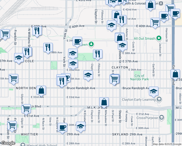 map of restaurants, bars, coffee shops, grocery stores, and more near 3547 Clayton Street in Denver