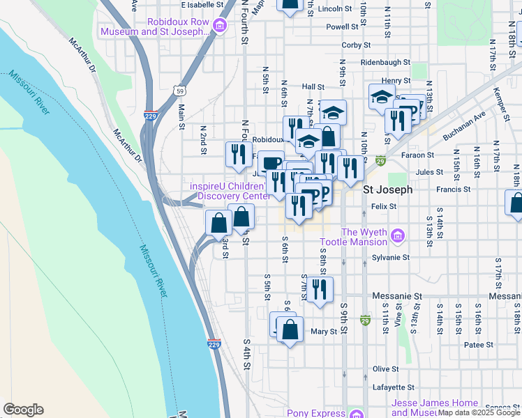 map of restaurants, bars, coffee shops, grocery stores, and more near 422 Felix Street in Saint Joseph
