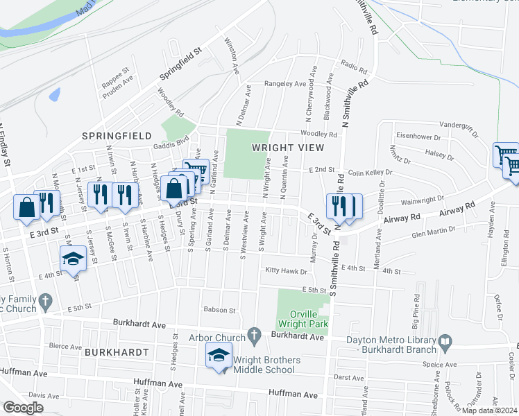 map of restaurants, bars, coffee shops, grocery stores, and more near 3822 East 3rd Street in Dayton