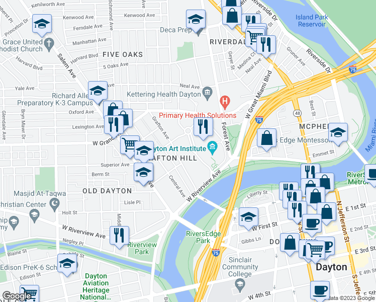 map of restaurants, bars, coffee shops, grocery stores, and more near 525 Belmonte Park North in Dayton