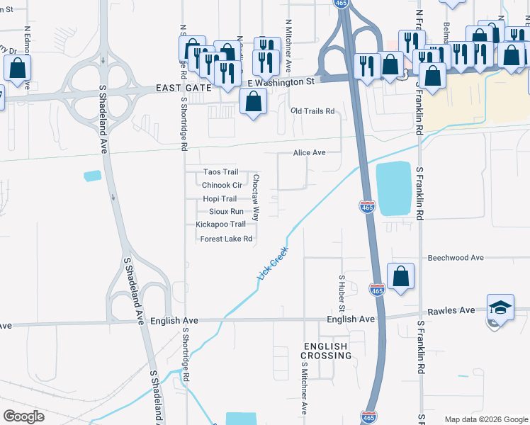 map of restaurants, bars, coffee shops, grocery stores, and more near 457 Choctaw Way in Indianapolis